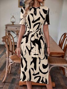 SHEIN LUNE Allover Print Knot Front Dress | SHEIN USA Mode Batik, Front Knot Dress, Shein Dress, Crewneck Dress, Women Midi, Vestido Casual, Womens Midi Dresses, Belted Dress, A Dress