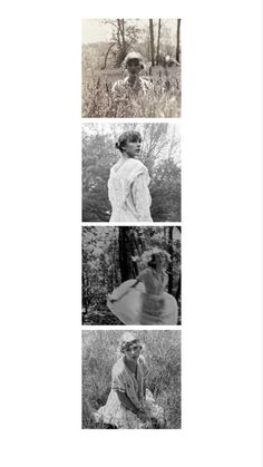 four black and white photographs of women in the woods, one with a hat on her head