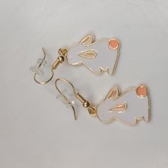 Rabbit Bunny Dangle Earrings Goldtone White & Pink Cute White Drop Earrings, Cute White Single Earring Jewelry, Cute Single White Earring, White Adjustable Pierced Earrings, Cute White Jewelry With Ear Wire, White Metal Earrings For Gift, Single White Metal Earring, White Metal Earrings, Cute White Dangle Earrings