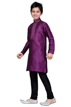 Product Features: Top Color: Purple Bottom Color: Black Top Fabric: Silk Bottom Fabric: Silk Pattern And Print: Embroidery Work: Zari And Resham Thread Embroidered Sleeve Type: Full Sleeve Neckline Type: Chinese Collar Closure Type: Button Wash Care: Dry Clean Occasion: Festival Package Contain 1 Top And 1 Bottom Product Type Boys Kurta Pyjama Set Disclaimer: There Will Be Slight Difference In Digital To Actual Image Purple Kurta With Embroidered Border For Eid, Festive Purple Kurta With Embroidered Border, Festive Purple Embroidered Kurta, Semi-stitched Purple Kurta With Embroidered Border, Embroidered Purple Kurta With Traditional Drape, Fitted Embroidered Purple Kurta, Fitted Purple Embroidered Kurta, Purple Long Sleeve Traditional Wear With Embroidered Border, Purple Embroidered Long Sleeve Set