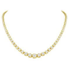 This finely made graduated necklace with beautiful round diamonds sits elegantly on any neck. Metal: 14k Gold Diamond Cut: Round Total Diamond Approx. Carats: 5ct Diamond Clarity: VS Diamond Color: F-G Size: 18 inches Color: Yellow Gold Included with your order: Certificate of Appraisal Customized Necklace Box & Bag Luxury Yellow Diamond Necklace Gift, Luxury Yellow Diamond Necklace For Formal Occasions, Luxury Diamond Cut Station Necklace In Yellow Gold, Luxury Yellow Gold Tennis Necklace For Engagement, Luxury Yellow Gold Diamond Necklace For Party, Luxury Gold Plated Diamond Necklace Tarnish Resistant, Luxury Yellow Gold Single Strand Tennis Necklace, Luxury Yellow Gold Diamond Necklace With 17 Jewels, Customized Necklace