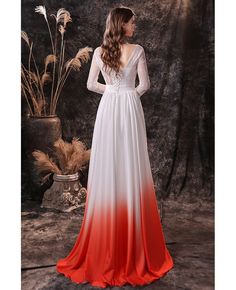 Buy ombre white orange chiffon lace long sleeve prom dress with sweetheart neck at wholesale price online. High quality custom-made service pro since 2009. Red Lace Wedding Dress, Train Prom Dresses, Ombre Wedding Dress, Circle Skirt Outfits, Sweep Train Prom Dress, Random Clothing, Ombre Wedding, Prom Dresses With Pockets, Fancy Things