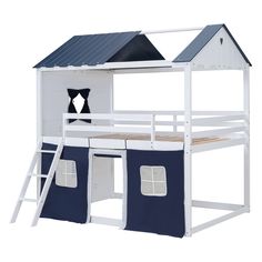 a white and blue bunk bed with a black roof