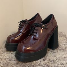 Nwot Found This Beauty In A Size 8 Super Squishy Inside (See Video!) Super Duper Platform! Color Is Wine / Maroon / Redish Brown / A Tint Of Purple Color True To Pics, Not Sure Which To Call It Tho Lol Heel And Platform Part Is Black Patent Leather Is Madden Girl Brand, Which Is Steve Madden’s Sister Brand. Purchased From Steve Madden Store And So I Have Them Under That Brand For More Exposure! Chunky Combat Boot Style Kinda Giving Me Doll Kill Emo Style Heels Also Giving Me Daphne (Scooby Doo) Purple Shoes For Women, Bratz Shoes, Daphne Scooby Doo, Doll Heels, Aesthetic Boots, Chunky Combat Boots, Emo Style, Combat Boots Style, Chunky Heel Boots