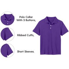 This Polo Is A Comfortable School Classic Made With A High Quality Cotton/Poly Pique Fabric For Optimal Softness, Durability And Easy Cleaning. This Shirt Stands Up To Multiple Washes And Will Not Fade. All Our Polos Are Tagless For Comfortability, And No Logo Is Stitched On The Chest To Ensure That It Is School Approved. Rib Knit Collar & Sleeves No Exterior Logo School Colors Approved Tagless Label to Prevent Irritation 60% Cotton 40% Polyester Machine Wash Cold Fitted Purple Collared Polo Shirt, Purple Fitted Collared Polo Shirt, Fitted Purple Polo Shirt With Polo Collar, Fitted Purple Polo Shirt, Fitted Purple Cotton Polo Shirt, Classic Fitted Purple Polo Shirt, Logo School, Boys School Uniform, Pique Fabric