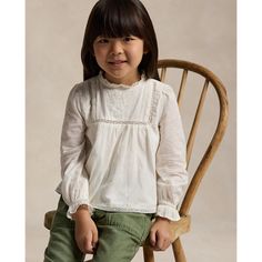 Tonal embroidery delicate lace trim and pintucks at the yoke all come together to pretty effect in this cotton voile top. Cotton Poplin Top, Ralph Lauren Blouse, Tonal Embroidery, Peplum Sweater, Button Outfit, Poplin Top, Tie Neck Tops, Mein Style, Puff Sleeve Blouse