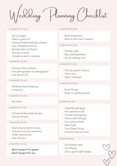 the wedding planning checklist is shown in pink and black, with hearts on it