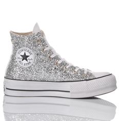 Converse All Star Platform, Zapatillas All Star, Sparkly Converse, Silver Converse, All Star Platform, Glitter Converse, Converse Platform, Hi Top Sneakers, Adidas Models