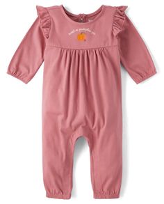 Baby Girls Long Sleeve Pumpkin Pie Jumpsuit | The Children's Place - FLORA Cotton Long Sleeve Onesie For Fall, Pink Cotton Bodysuit For Loungewear, Cotton Onesie For Playtime In Fall, Cute Cotton Jumpsuit With Long Sleeves, Cute Cotton Jumpsuits And Rompers With Long Sleeves, Long Sleeve Jumpsuits And Rompers For Fall Playtime, Long Sleeve Cotton Bubble Romper, Cotton Long Sleeve Bubble Romper For Playtime, Cotton Long Sleeve Bodysuit For Playwear