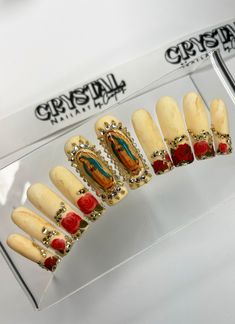 Virgin Mary Mother Mary Religious Press-on Nails - Etsy Mother Mary Nails, Virgin Mary Nails Designs, Cathedral Nails, Kali Uchis Nail Ideas, Religious Nails, Sacred Heart Nails, Virgin Mary Nails, Virgencita Nails, Catholic Nails