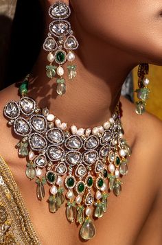 Fluoride & Polki Bridal Necklace Set - Joules By Radhika Elegance meets romance in our 22KT Gold Plated necklace set, perfect for brides and weddings! The enchanting Hydro Polkis, mesmerizing fluoride tumbles, and breathtaking Hydro emeralds are beautifully complemented by delicate freshwater pearls. Embrace the allure of timeless beauty and let this exquisite ensemble make your special day truly unforgettable. Radiate charm and sophistication as you walk down the aisle, captivating hearts with Kundan Jewellery Bridal Choker, Fusion Jewellery, Bridal Jewellery Online, Hand Jewelry Rings, Bridal Jewelry Sets Brides, Wedding Jewelery, Kundan Jewellery Bridal, France Style, Victorian Jewellery