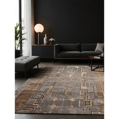 a living room with black walls and an area rug