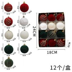 christmas ornaments are shown in different colors and sizes, including red, green, white and gold