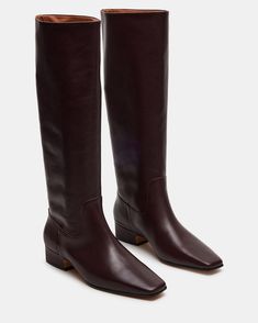 GWYNETH Brown/Red Leather Square Toe Boot | Women's Boots – Steve Madden Ralph Lauren Fall, Burgundy Boots, Summer Wardrobe Staples, French Girl Chic, Brown Knee High Boots, Fashion Wishlist, Leather Riding Boots, Trendy Fall, 2023 Fashion