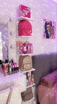 this is a bedroom with lights on the wall