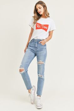 HIGH RISE DISTRESSED DENIM,Bottoms,DENIM, DISTRESSED, HIGH WAISTED, PANTS- DEFIANT Tattered Jeans Outfit Casual, Tattered Jeans Outfit, Tattered Jeans, Jeans Outfit Casual, Denim Day, Destroyed Denim, Destroyed Jeans, Girls Jeans, Ripped Jeans