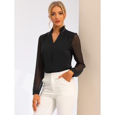 Creates an elegant chic look to your wardrobe with this chiffon work blouse. Featuring textured sheer long sleeves, button decor, and a ruffle high neck, this chiffon blouse offers a charming career style. Soft and lightweight fabric makes this shirt breathable and comfortable to dress up all day. It is a perfect choice for work or business casual with the classic solid colors of this blouse. Affordable Black Blouse For Business Casual, Affordable Elegant Black Blouse, Cheap Black Blouse For Business Casual, Dressy Black Blouses, Affordable Black Business Casual Blouse, Cheap Black Business Casual Blouse, Affordable Stretch Blouse For Work, Long Sleeve Work Shirt, Button Decor