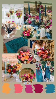 a collage of photos with flowers, candles and other things in the background that are color swatches