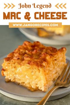 a close up of a plate of macaroni and cheese casserole on a table