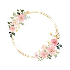 a circular frame with pink flowers and green leaves