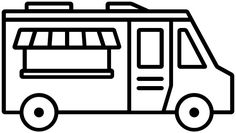 a black and white line drawing of a food truck with awnings on the roof