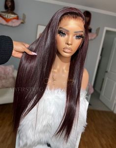 OpHair - Glueless Human Hair Lace Front Wigs Burgundy Straight Wigs  - OPH032 Human Hair Wigs Lace Front, Coated Lace Front Wigs, Fall Closure Wigs, Human Hair Front Lace Wigs, Human Hair Lacefront Wigs, Burgundy Lace Front Wig Human Hair, Widow's Peak Wig, 777 Wigs, Straight Hairstyles Lace Wig