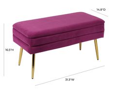 a purple bench with gold legs and measurements