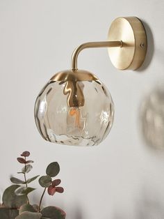 a light that is on the side of a wall next to a potted plant