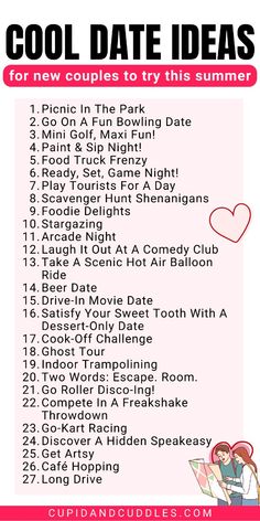 a pink poster with the words cool date ideas for new couples to try this summer