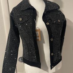 Black Denim Rhinestoned Jacket Brand New Collared Exclusive Winter Party Denim Jacket With Long Sleeves, Winter Party Denim Jacket Long Sleeve, Embellished Denim Jacket For Parties, Party Denim Jacket With Embellished Long Sleeves, Fitted Long Sleeve Denim Jacket For Night Out, Trendy Fitted Outerwear With Rhinestone Rivets, Winter Long Sleeve Outerwear With Rhinestones, Winter Rhinestone Long Sleeve Outerwear, Glamorous Long Sleeve Outerwear With Rhinestones