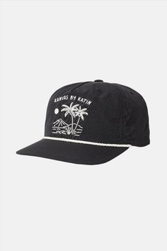 a black hat with palm trees on the front and white lettering that says, lananas by