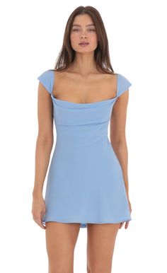 Cowl Neck Open Back Dress in Blue | LUCY IN THE SKY Light Blue Hoco Dress, Cute Homecoming Dresses, Blue Dress Short, Blue Homecoming Dresses, Lucy In The Sky, Open Back Dress, Grad Dresses, Straight Dress, Date Night Dresses