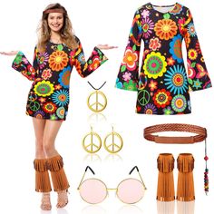 PRICES MAY VARY. 60s 70s Disco Costumes for Women: you will receive 1 piece flower hippie costume with dress, 1 piece boho headband, 2 pieces hippie peace sign earrings (1 pair), 1 piece hippie peace sign necklace, 1 pair of retro sunglasses, 2 piece hippie ankle socks with tassels (1 pair); These hippie accessories will bring you an attractive charm, and make you the focus of the disco theme party, Halloween dress up party Quality Material: the 70s outfits flower power hippie dress, headband an 70s Hippie Outfits, Disco Costume For Women, Poncho Costume, 70s Disco Costume, Women 60s, 70s Disco Outfit, Hippie Accessories, Womens Cosplay, 70s Outfits