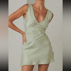 Peppermayo Audrey Vintage Slip Dress In Sage Green - Nwt Size: Us 12 Iridescent Sage Green Material: 80% Rayon, 20% Polyester * Triangle Style Bust With Gathered Detail * Fit And Flare Style With Tie In Back * V Front And Back * Fully Lined Never Worn With Tags, Condition Is Brand New! Sage Green Slip Dress Short, Sage Green Silk Dress Mini, Sage Green Mini Dress, Peppermayo Dress, Wedding Brainstorming, Style With Tie, White Corset Dress, Green Satin Dress, Brown Mini Dress