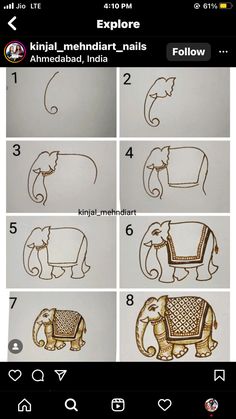 the steps to draw an elephant with gold paint on it's body and head