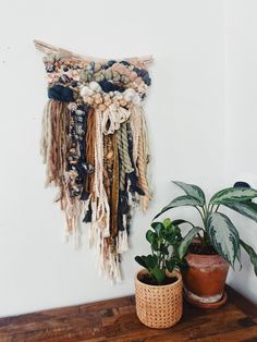 a wall hanging made out of different types of yarns and other things next to a potted plant on a wooden table