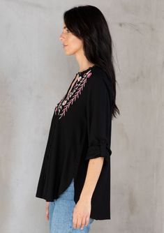 Looking for a Spring wardrobe refresh? This simple yet refined long sleeve bohemian blouse features a delicate self-covered button front, flattering split v-neckline, and floral embroidered detail. Wear it loose over denim, or try it tied in the front. Vintage floral embroidery Relaxed fit Long rolled sleeve with button tab closure Rounded hemline Side vents V-neckline Lace trim Self-covered button front Can be tied at the front Bohemian top Model is 5'9, wearing a size S.Style: I-13797W-RPX Black Mulberry, Vintage Floral Embroidery, Bohemian Wrap, Bohemian Blouse, Wardrobe Refresh, Bohemian Top, Bohemian Blouses, Bohemian Tops, Spring Wardrobe