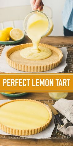 the perfect lemon tart is being drizzled with icing