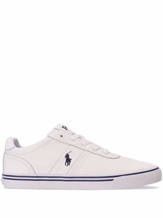 Pure-white leather-blend Hanford low-top trainers from POLO RALPH LAUREN featuring signature Polo Pony motif, front lace-up fastening, logo patch at the tongue, round toe and flat rubber sole. Classic White Sneakers With Laces, White Lace-up Skate Shoes With Embossed Logo, White Leather Skate Shoes With Embossed Logo, White Low-top Skate Shoes With Embossed Logo, Low-top Canvas Sneakers With Logo Print, Sporty White Skate Shoes With Embossed Logo, White Canvas Sneakers With Logo Print, White Leather Skate Shoes With Laces, White Lace-up Sneakers With Logo Detail