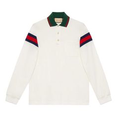 Gucci Cotton Jersey Polo Shirt With Web 'White' 715268-XJETR-9088 Luxury White Long Sleeve Tops, Gucci Fitted Long Sleeve Top, Designer White Tops For Workwear, Gucci Cotton Polo Collar Top, Gucci White Crew Neck Top, Gucci Cotton Collared Top, White Gucci Crew Neck Top, Gucci Casual White Top, Gucci Fitted Casual Top