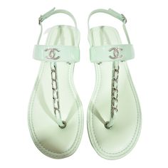 Chanel 22c Green Patent Silver Chain Cc Logo Mule Slide Flat Thong Sandal 37 ********** Chanel ********** Brand: Chanel Size: 37 (Know Your Chanel Size) Name: Thong Sandals Color: Light Green Style: 22c Style#: G38221 X56375 0m354 Material: Patent Calfskin Thong Silver Chain Front Strap Cc Silver Logo Light Green Patent Calfskin Leather Material Adjustable Buckle Ankle Strap Brand New In Box, Comes With Original Box And Dust Bag 100% Authentic Or Your Money Back Great Gift I Ship Worldwide Any O Winter Snow Boots Women, Designer Espadrilles, Calf High Boots, Pretty Sandals, Chanel Sandals, Brown Wedge Sandals, Chanel Brand, Green Style, Metallic Sandals