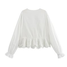 Product Type: Blouses Style: Casual Fit: Regular Fabric: Polyester Pattern: Solid Element: Embroidery,Lace/Tulle/Fishnet,Ruffle,Tie Top Length: Short Neckline: V-Neck Sleeve Type: Lantern Sleeve Sleeve Length: Long Sleeve Main Composition: Polyester Season: Spring/Fall Long Sleeve Cotton Tops With Ruffles, Spring Long Sleeve Tops With Ruffle Hem, Long Sleeve Cotton Top With Ruffle Hem, Cotton Long Sleeve Top With Ruffle Hem, Cotton Embroidered Long Sleeve Top With Lace Trim, Spring Embroidered Long Sleeve Top With Ruffles, Crew Neck Shirt With Ruffles For Spring, Long Sleeve Cotton Blouse With Ruffle Hem, White Cotton Tops With Ruffle Hem