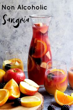 an assortment of fruit and juices in glasses on a table with the words virgin sangria