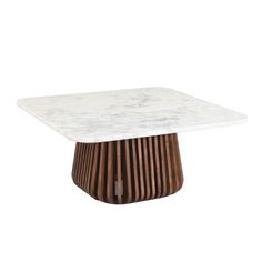 a white marble table with wooden legs and a square shaped center piece on the top