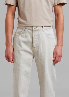 Color: Natural Hemp Denim Woven hemp cotton denim blend Relaxed 90's fit Straight leg High rise Slant hip pockets Front button closure Unlined 50% Hemp 50% Cotton Delicate Machine Wash By Róhe. Made in Turkey 12" Rise, 29" Inseam for size 30 Model is 181cm/5'11" wearing size 30 90s Fits, Khaki Pants, Straight Leg, High Rise, Trousers, Pants, How To Wear, Color