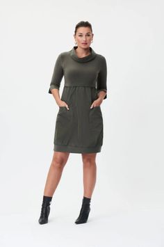 One of the essential styles from the Joseph Ribkoff range of dresses. Such a popular, edgy shape with a silky knit bodice front and back and memory fabric for the skirt and cuffs and roll collar. 3/4 sleeve and square vent entry patch pockets! The shape is very flattering for the figure and works for all sizes. Hand wash in cold water. Do not bleach. Low steam or iron if required. Do not dry clean. Fabrication Polyester and spandex for the silky knit jersey Polyester for the memory fabric. Midnight Blue Dress, Black Dress Style, White Dress Styles, Mini Jumpsuit, Black Tunic Dress, Avocado Dressing, Joseph Ribkoff Dresses, Navy And White Dress, Rolled Collar