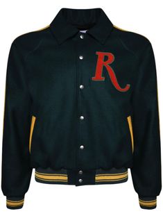 dark green/lemon yellow/bright red wool appliqué lettering side stripe detailing spread collar front press-stud fastening long sleeves two side welt pockets ribbed cuffs and hem Wool Outerwear With Embroidered Logo And Long Sleeves, Wool Outerwear With Embroidered Logo, Fitted Wool Varsity Jacket, Classic Long Sleeve Varsity Jacket With Embroidered Logo, Green Wool Outerwear With Ribbed Cuffs, Classic Green Outerwear With Ribbed Cuffs, Green Collegiate Winter Outerwear, Collegiate Green Winter Outerwear, Green Collegiate Outerwear For Winter