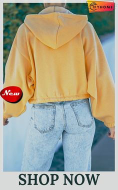 Yellow Zip Closure Drawstring Cinched Cropped Hoodie Cropped Hoodie, Shoulder Sleeve, Stylish Women, On Sale, Shop Now, Sleeve Length, Yellow, Free Shipping