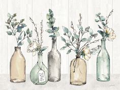 four glass bottles with flowers in them on a white background, one is empty and the other has watercolor