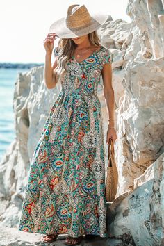 Immerse yourself in bohemian allure with our Paisley Print V-Neck Maxi Dress, where a mesmerizing paisley pattern and a flattering V-neckline unite to create a captivating and flowy ensemble that's perfect for embracing your wanderlust spirit and making a statement at any event. Product code: CAA05A3G075ZZ Features:  Woven V-neckline Cap sleeves Maxi  Column silhouette  Pattern: Floral Wash Method: Regular Wash Material: 100%POLYESTER. Flowy Outfits, Summer Fashion Dresses Casual, Bohemian Print Dress, Comfortable Summer Outfits, Teacher Dresses, Cottagecore Outfits, What To Wear Today, Elegant Maxi Dress, Summer Fashion Dresses